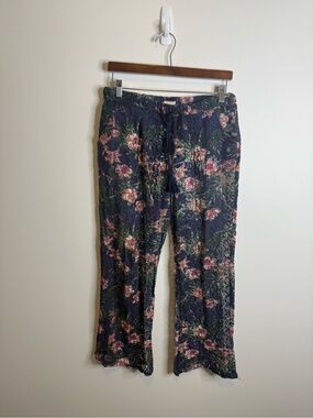 Roxy Floral Straight Leg Pants in Navy, Pink & Green sheer